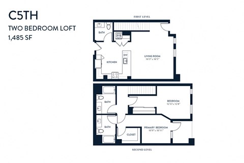 Floor plan for 2 beds, 2.5 baths, 1485 sqft